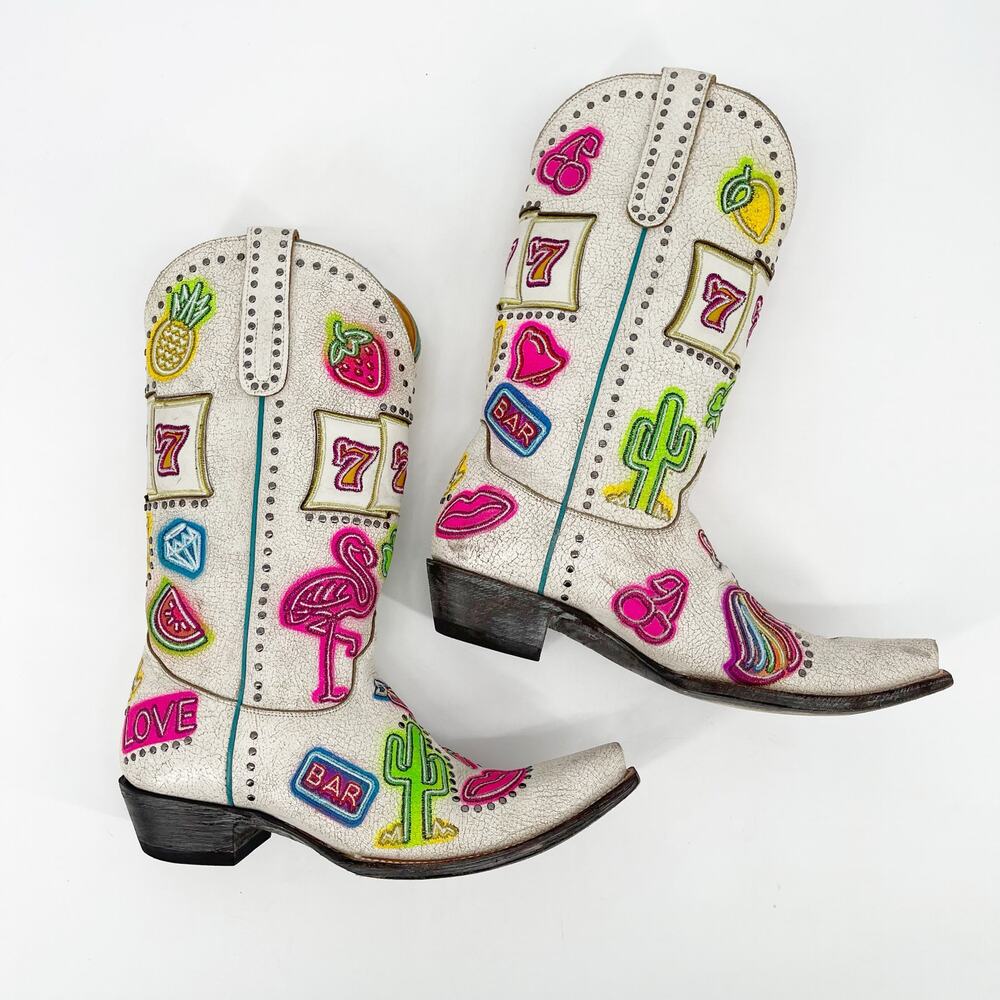 Old Gringo Jackpot Women’s 11 Distressed White Neon Embroidered Cowgirl Boots - Picture 4 of 12